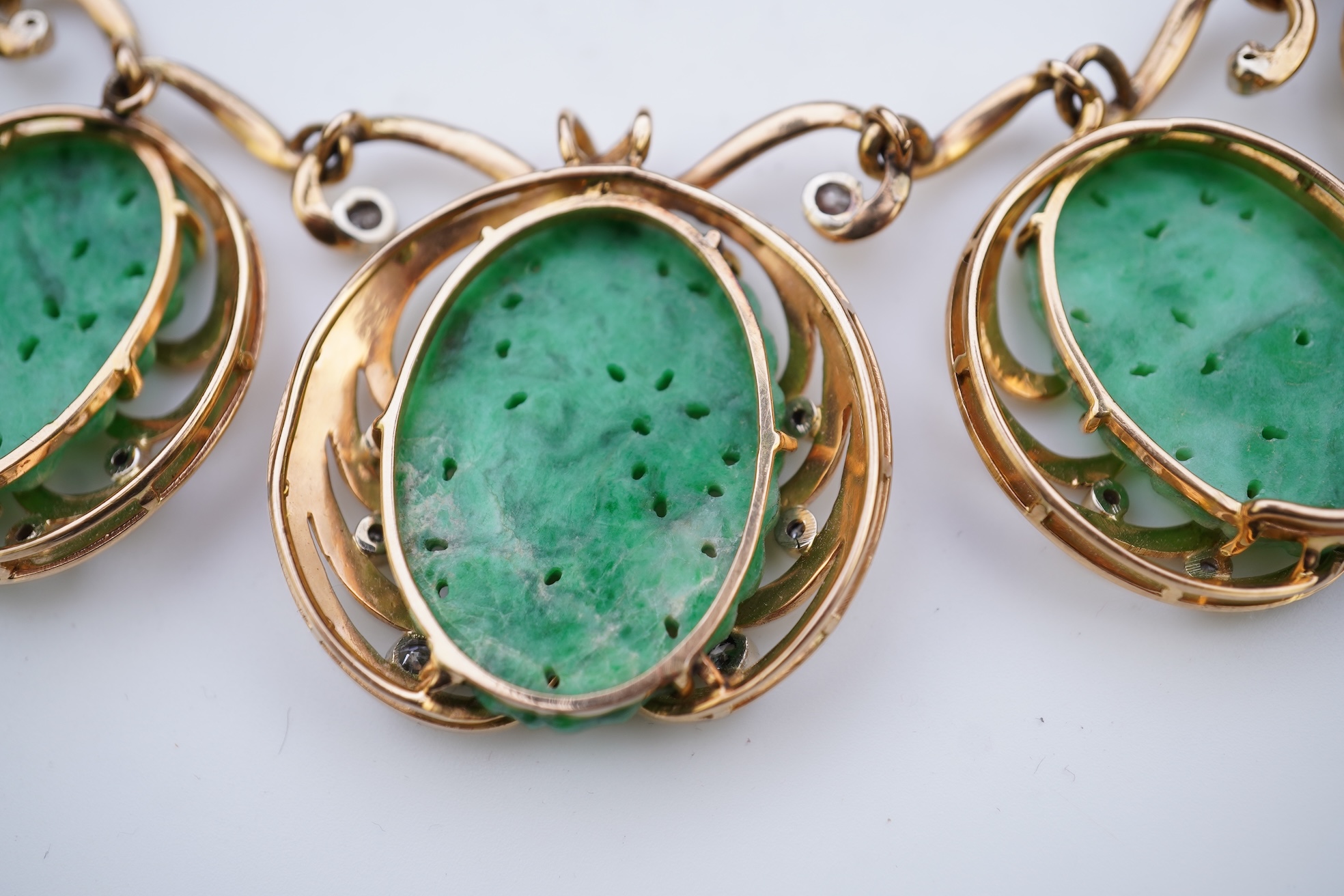 A jadeite and diamond necklace, mid 20th century